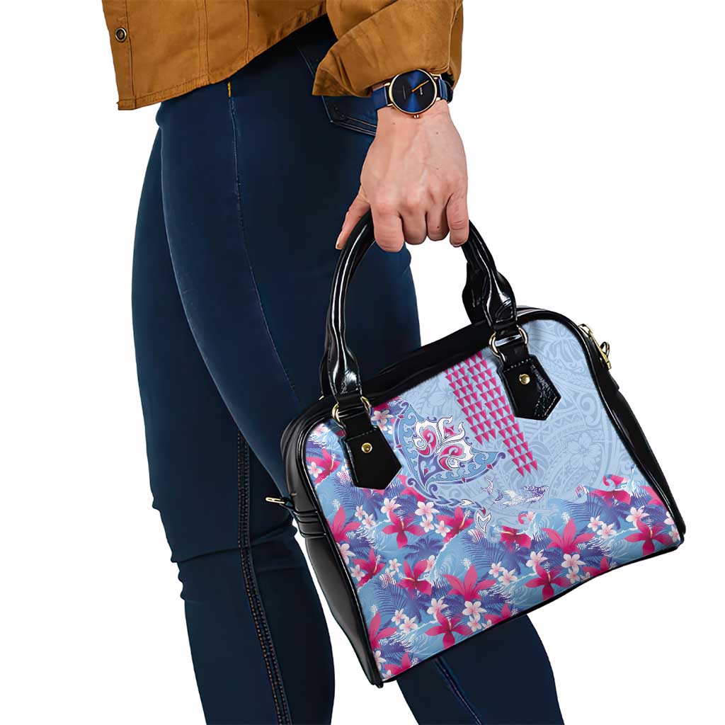 Hawaiian Tribal Manta Ray Shoulder Handbag Kakau Tattoo and Flowers Surfing Waves Pattern Soft Color