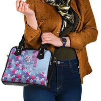 Hawaiian Tribal Manta Ray Shoulder Handbag Kakau Tattoo and Flowers Surfing Waves Pattern Soft Color