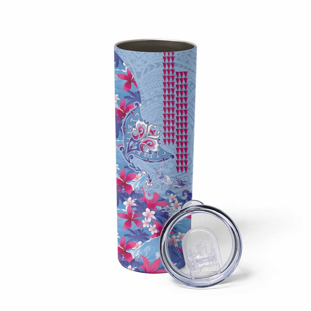 Hawaiian Tribal Manta Ray Skinny Tumbler Kakau Tattoo and Flowers Surfing Waves Pattern Soft Color LT03 - Polynesian Pride