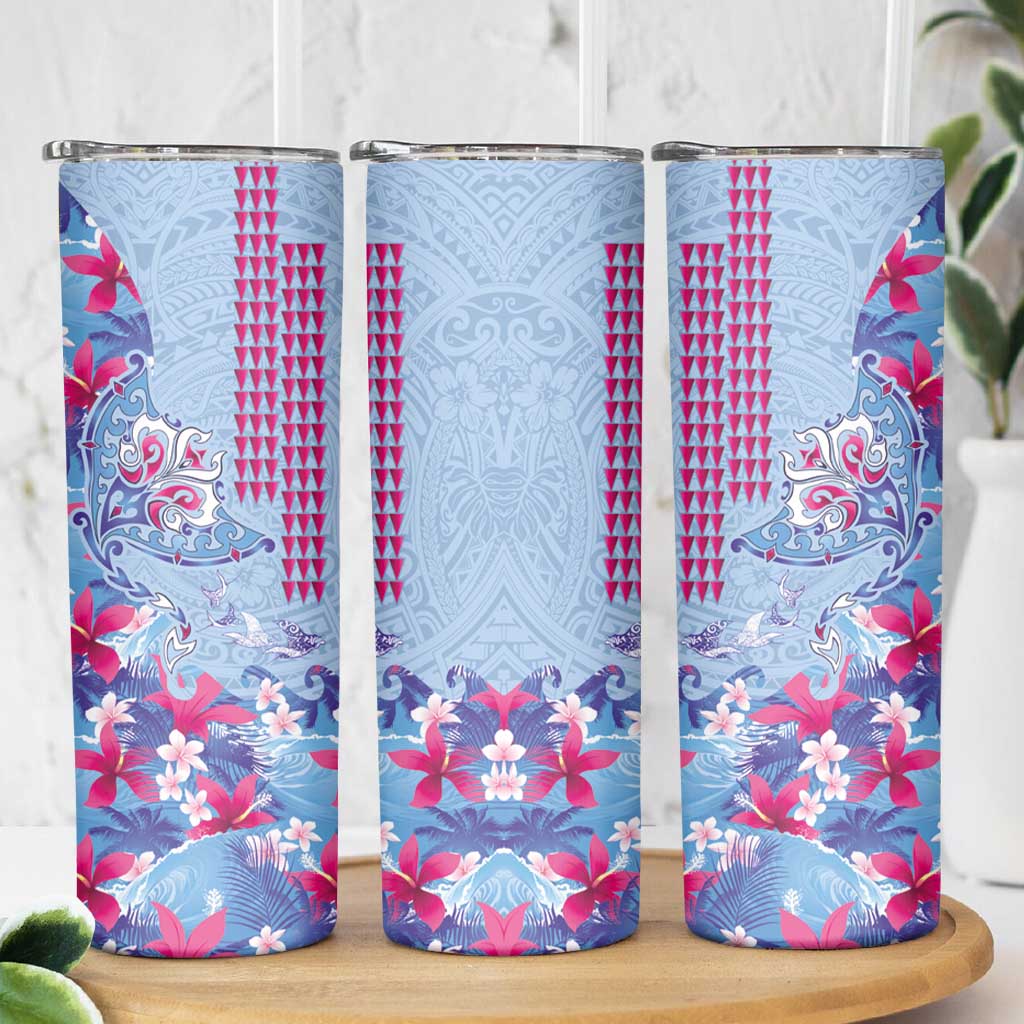 Hawaiian Tribal Manta Ray Skinny Tumbler Kakau Tattoo and Flowers Surfing Waves Pattern Soft Color LT03 - Polynesian Pride