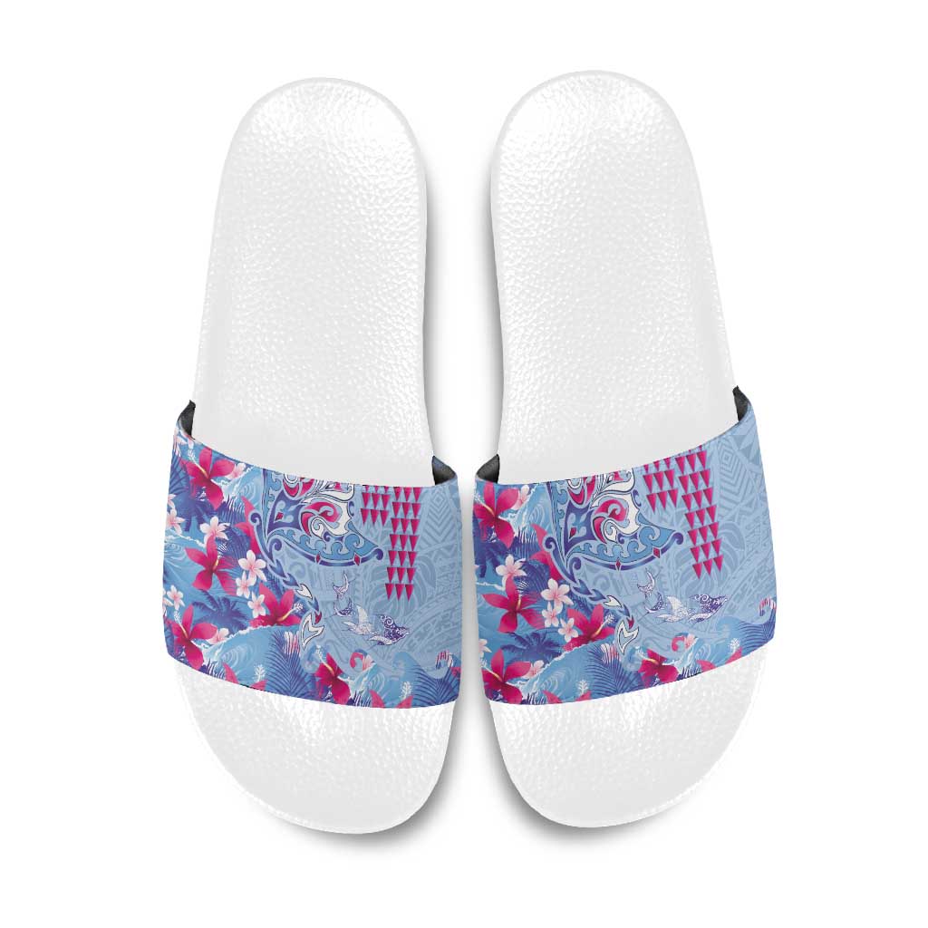 Hawaiian Tribal Manta Ray Slide Sandals Kakau Tattoo and Flowers Surfing Waves Pattern Soft Color