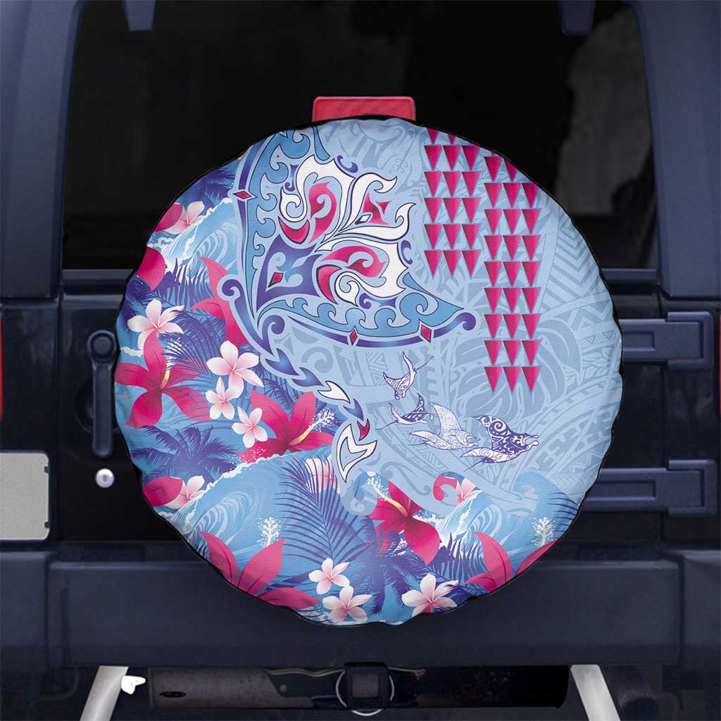 Hawaiian Tribal Manta Ray Spare Tire Cover Kakau Tattoo and Flowers Surfing Waves Pattern Soft Color