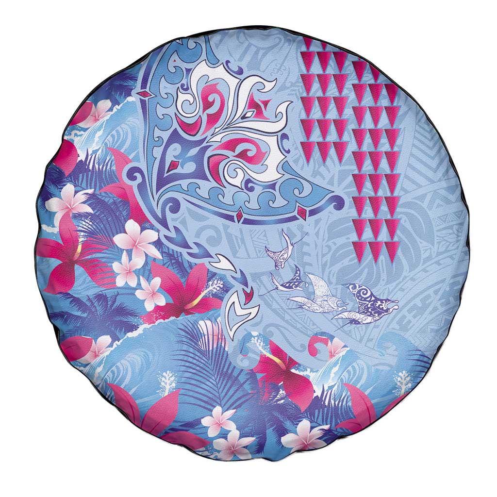 Hawaiian Tribal Manta Ray Spare Tire Cover Kakau Tattoo and Flowers Surfing Waves Pattern Soft Color