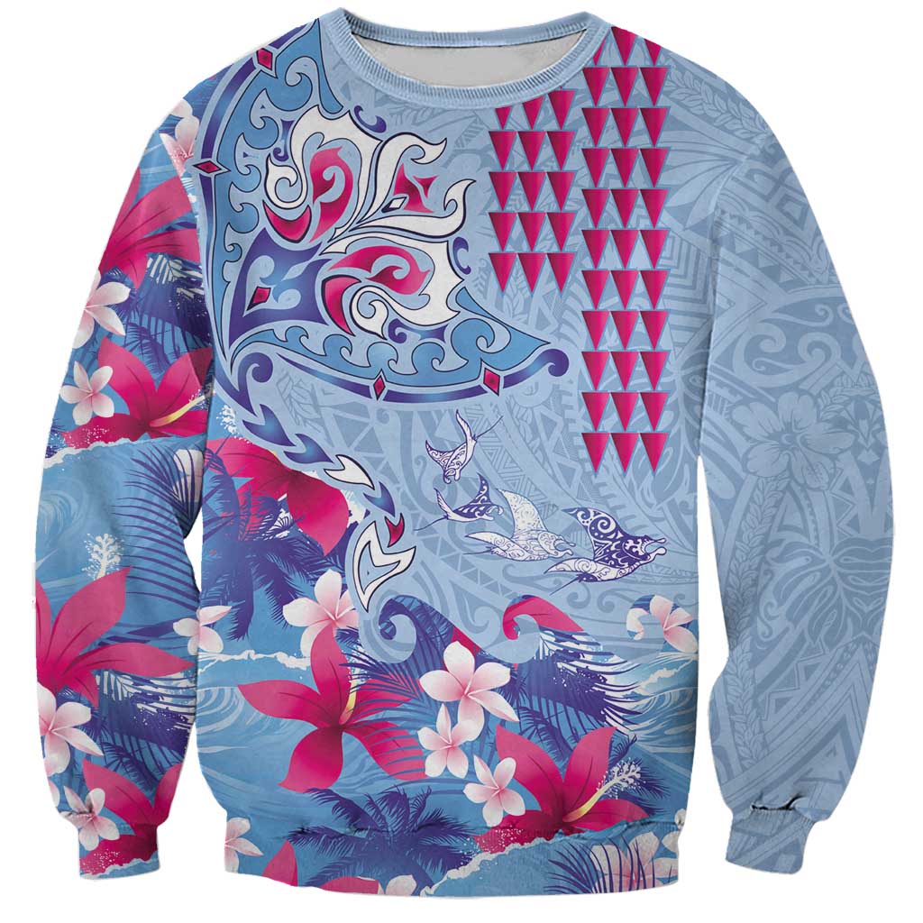 Hawaiian Tribal Manta Ray Sweatshirt Kakau Tattoo and Flowers Surfing Waves Pattern Soft Color