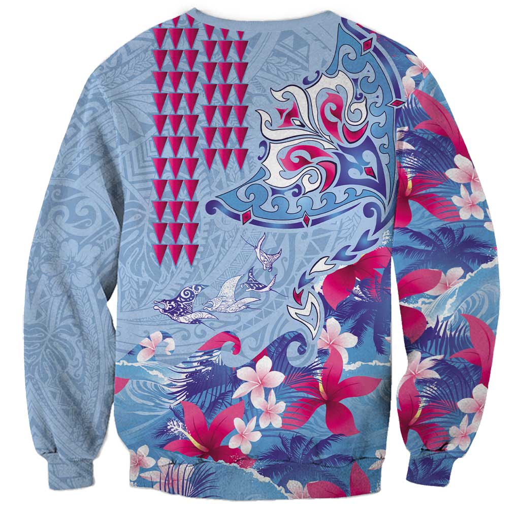Hawaiian Tribal Manta Ray Sweatshirt Kakau Tattoo and Flowers Surfing Waves Pattern Soft Color