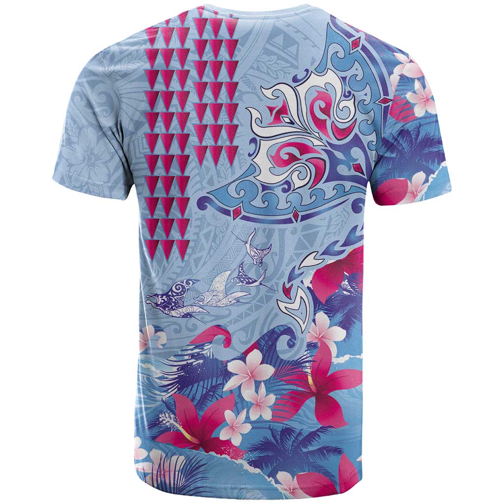 Hawaiian Tribal Manta Ray T Shirt Kakau Tattoo and Flowers Surfing Waves Pattern Soft Color