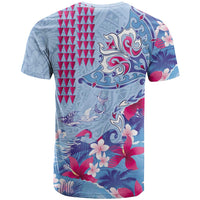 Hawaiian Tribal Manta Ray T Shirt Kakau Tattoo and Flowers Surfing Waves Pattern Soft Color
