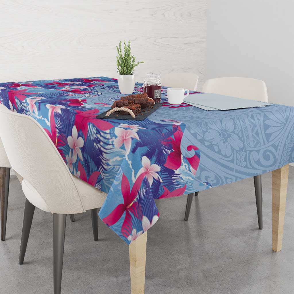 Hawaiian Tribal Manta Ray Tablecloth Kakau Tattoo and Flowers Surfing Waves Pattern Soft Color