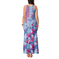 Hawaiian Tribal Manta Ray Tank Maxi Dress Kakau Tattoo and Flowers Surfing Waves Pattern Soft Color