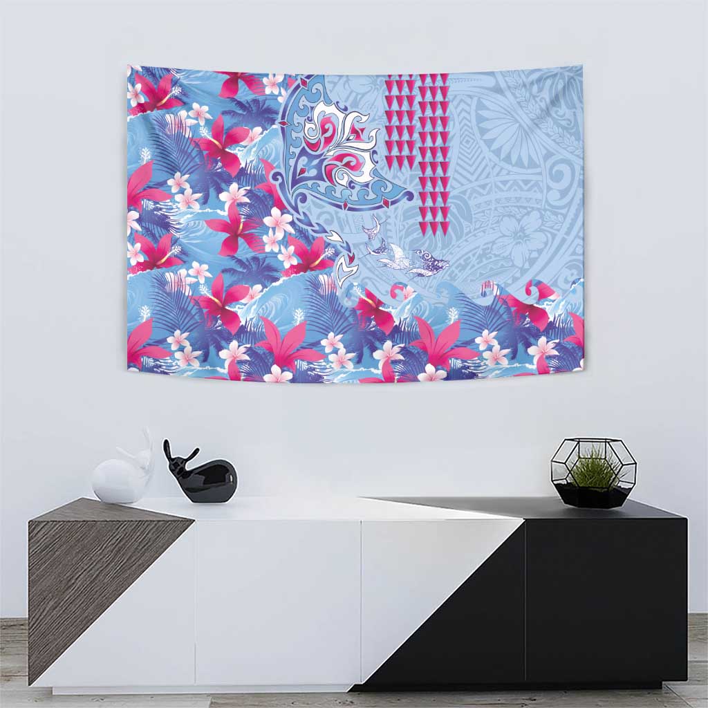 Hawaiian Tribal Manta Ray Tapestry Kakau Tattoo and Flowers Surfing Waves Pattern Soft Color