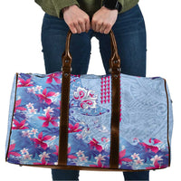 Hawaiian Tribal Manta Ray Travel Bag Kakau Tattoo and Flowers Surfing Waves Pattern Soft Color
