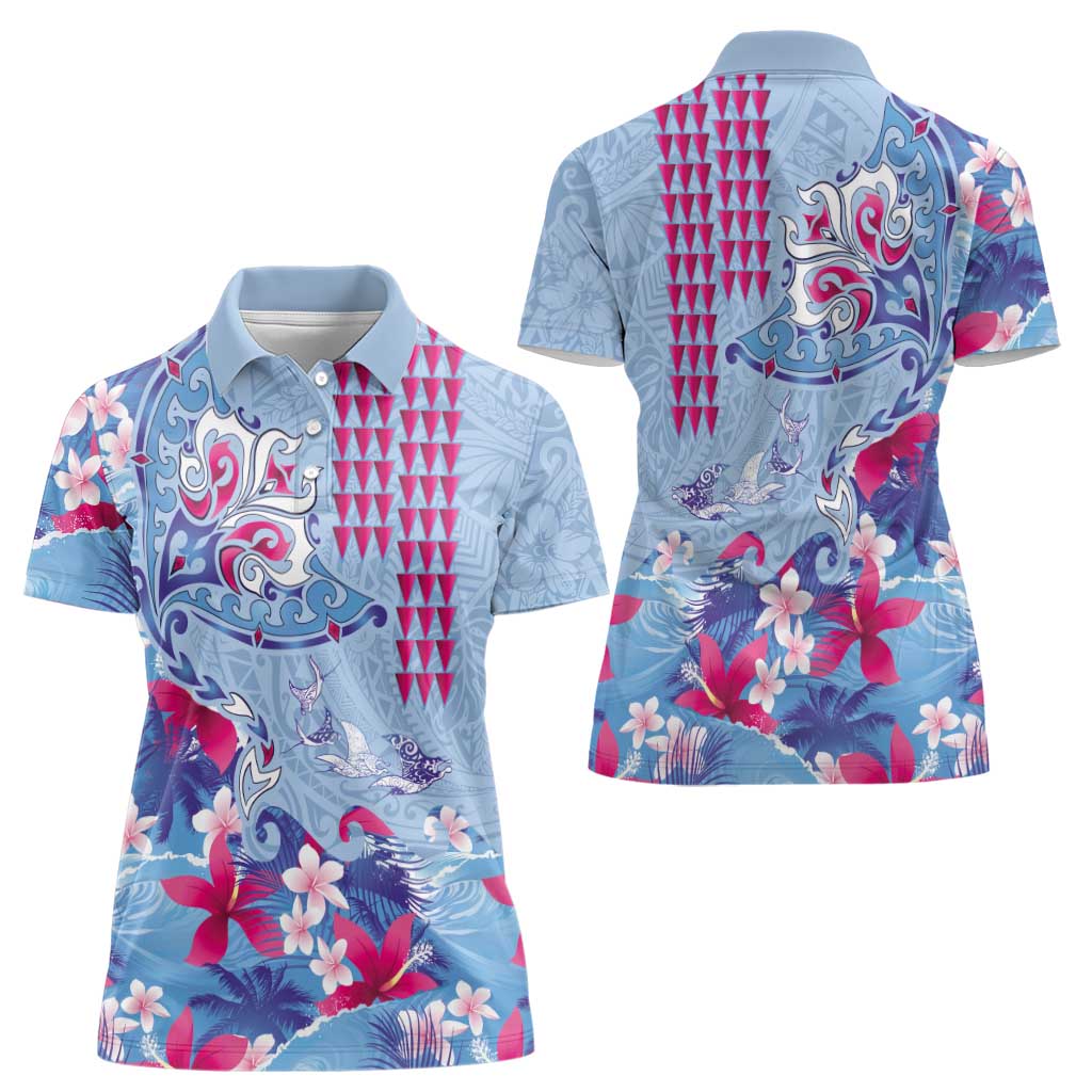 Hawaiian Tribal Manta Ray Women Polo Shirt Kakau Tattoo and Flowers Surfing Waves Pattern Soft Color LT03 - Polynesian Pride