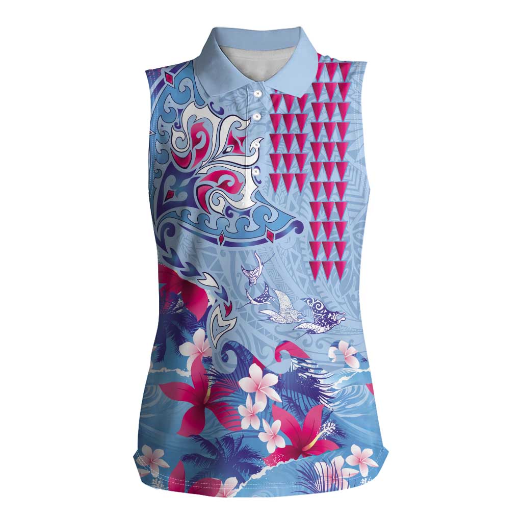 Hawaiian Tribal Manta Ray Women Sleeveless Polo Shirt Kakau Tattoo and Flowers Surfing Waves Pattern Soft Color LT03 Female Multicolor - Polynesian Pride