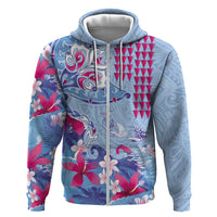 Hawaiian Tribal Manta Ray Zip Hoodie Kakau Tattoo and Flowers Surfing Waves Pattern Soft Color