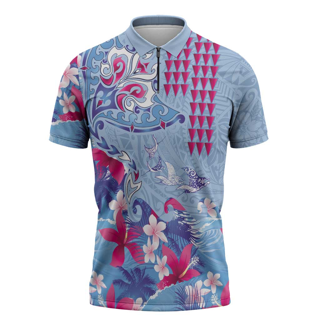 Hawaiian Tribal Manta Ray Zipper Polo Shirt Kakau Tattoo and Flowers Surfing Waves Pattern Soft Color