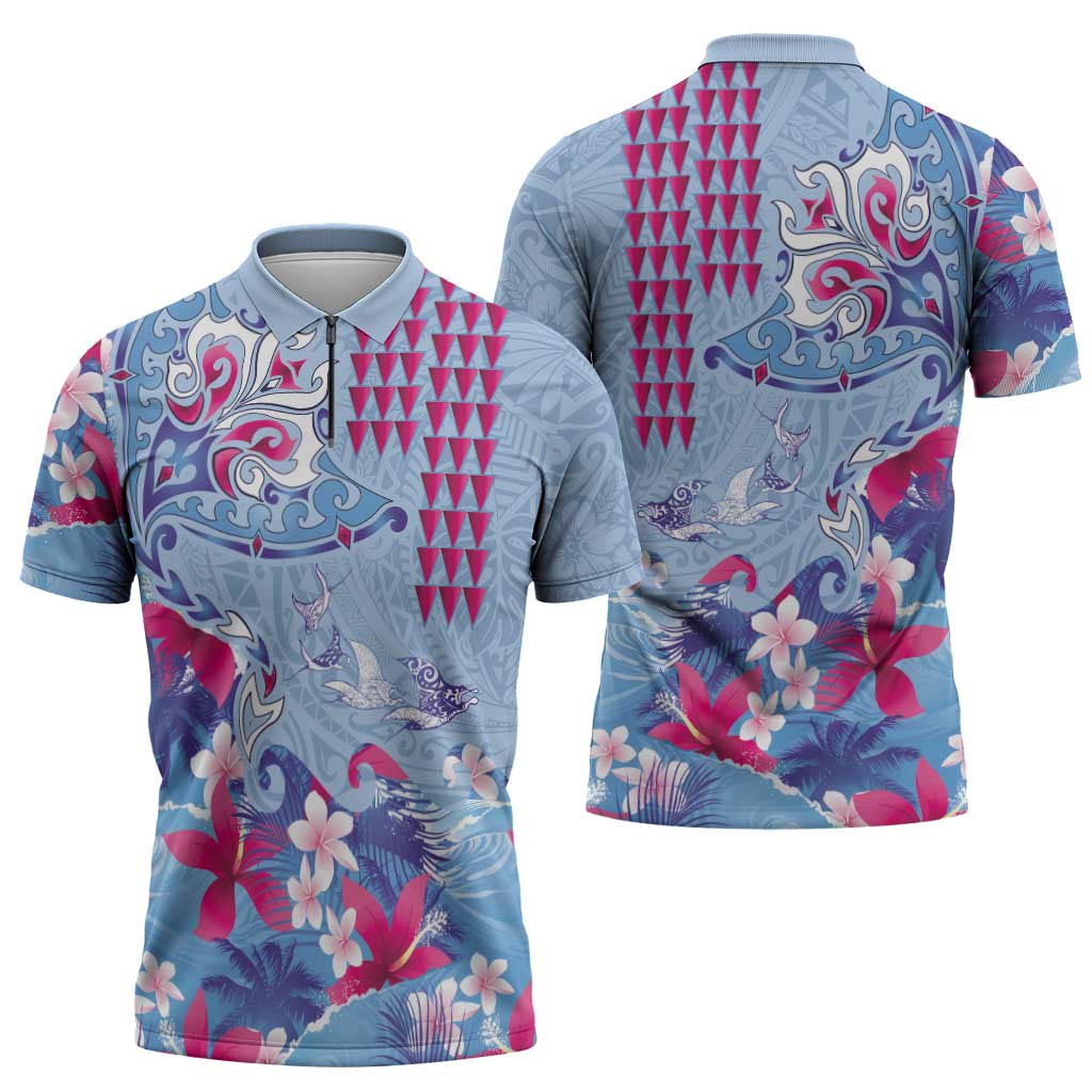 Hawaiian Tribal Manta Ray Zipper Polo Shirt Kakau Tattoo and Flowers Surfing Waves Pattern Soft Color
