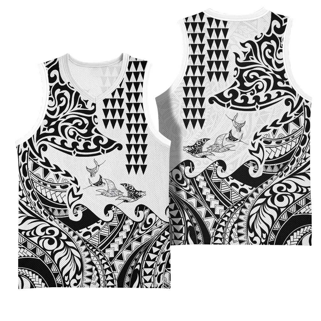 Hawaiian Tribal Manta Ray Basketball Jersey Kakau Tattoo and Polynesian Art Motif Pattern