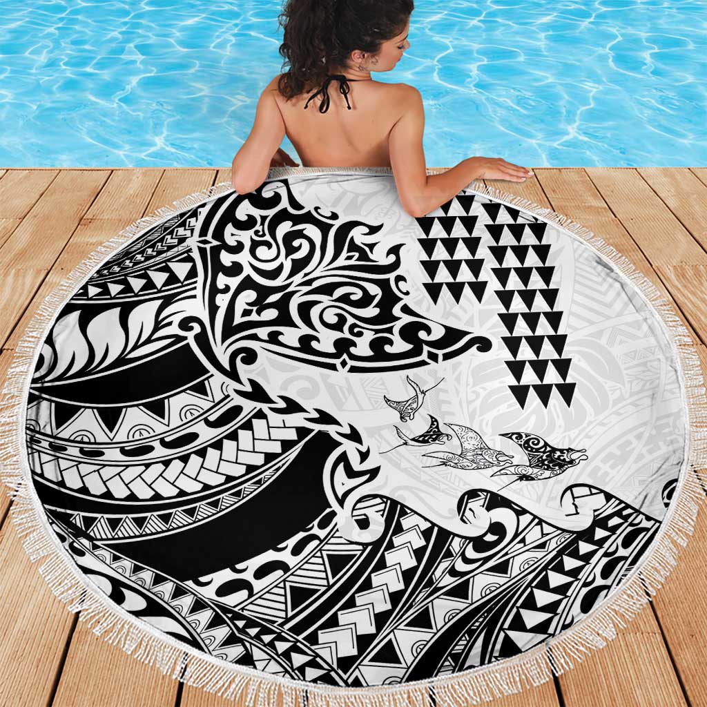 Hawaiian Tribal Manta Ray Beach Blanket Kakau Tattoo and Polynesian Art Motif Pattern