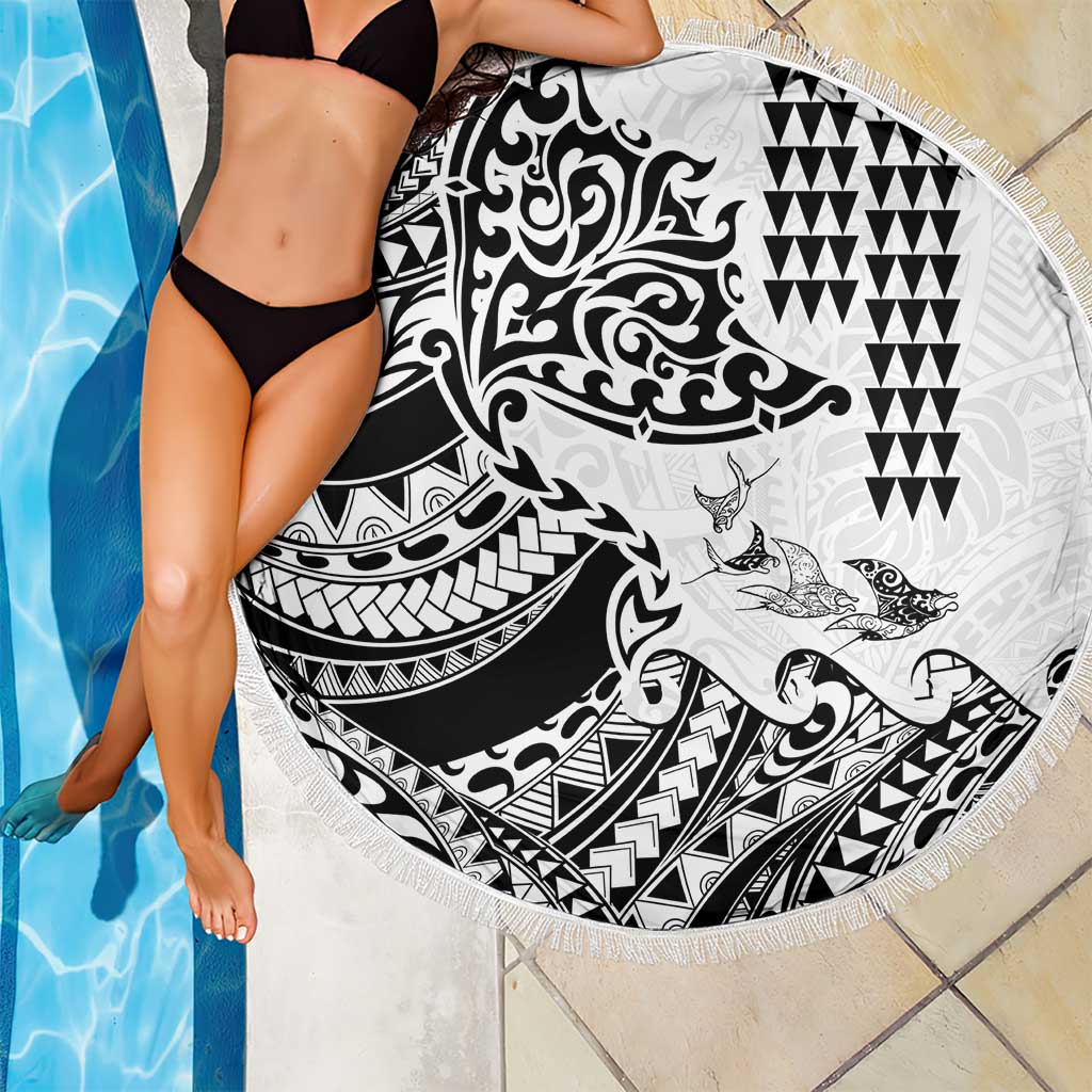 Hawaiian Tribal Manta Ray Beach Blanket Kakau Tattoo and Polynesian Art Motif Pattern