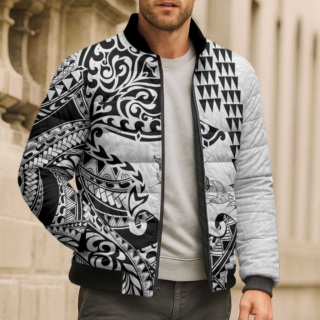 Hawaiian Tribal Manta Ray Bomber Puffer Jacket Kakau Tattoo and Polynesian Art Motif Pattern