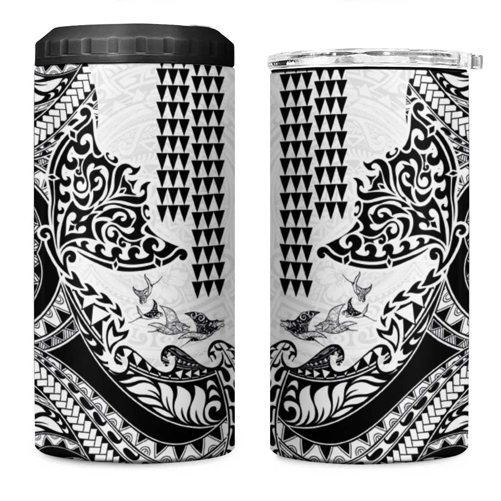 Hawaiian Tribal Manta Ray 4 in 1 Can Cooler Tumbler Kakau Tattoo and Polynesian Art Motif Pattern