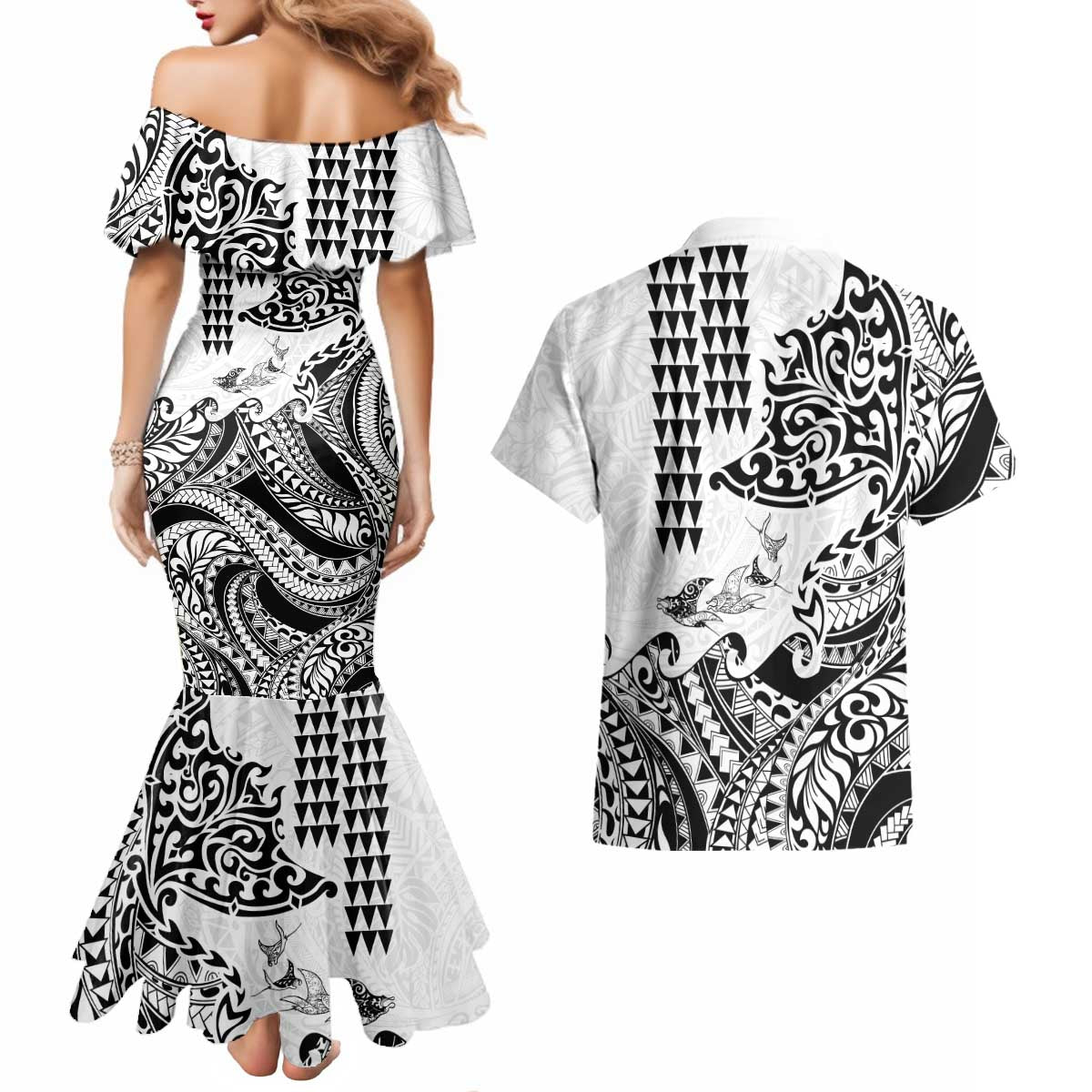 Hawaiian Tribal Manta Ray Couples Matching Mermaid Dress and Hawaiian Shirt Kakau Tattoo and Polynesian Art Motif Pattern LT03 - Polynesian Pride