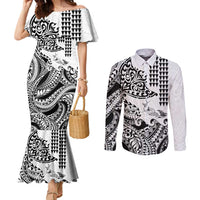 Hawaiian Tribal Manta Ray Couples Matching Mermaid Dress and Long Sleeve Button Shirt Kakau Tattoo and Polynesian Art Motif Pattern LT03 Multicolor - Polynesian Pride
