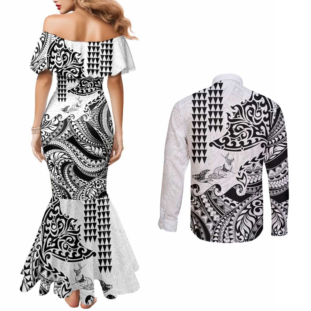 Hawaiian Tribal Manta Ray Couples Matching Mermaid Dress and Long Sleeve Button Shirt Kakau Tattoo and Polynesian Art Motif Pattern LT03 - Polynesian Pride
