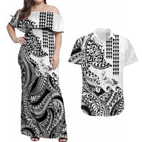 Hawaiian Tribal Manta Ray Couples Matching Off Shoulder Maxi Dress and Hawaiian Shirt Kakau Tattoo and Polynesian Art Motif Pattern LT03 Multicolor - Polynesian Pride