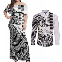 Hawaiian Tribal Manta Ray Couples Matching Off Shoulder Maxi Dress and Long Sleeve Button Shirt Kakau Tattoo and Polynesian Art Motif Pattern LT03 Multicolor - Polynesian Pride