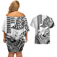 Hawaiian Tribal Manta Ray Couples Matching Off Shoulder Short Dress and Hawaiian Shirt Kakau Tattoo and Polynesian Art Motif Pattern LT03 - Polynesian Pride