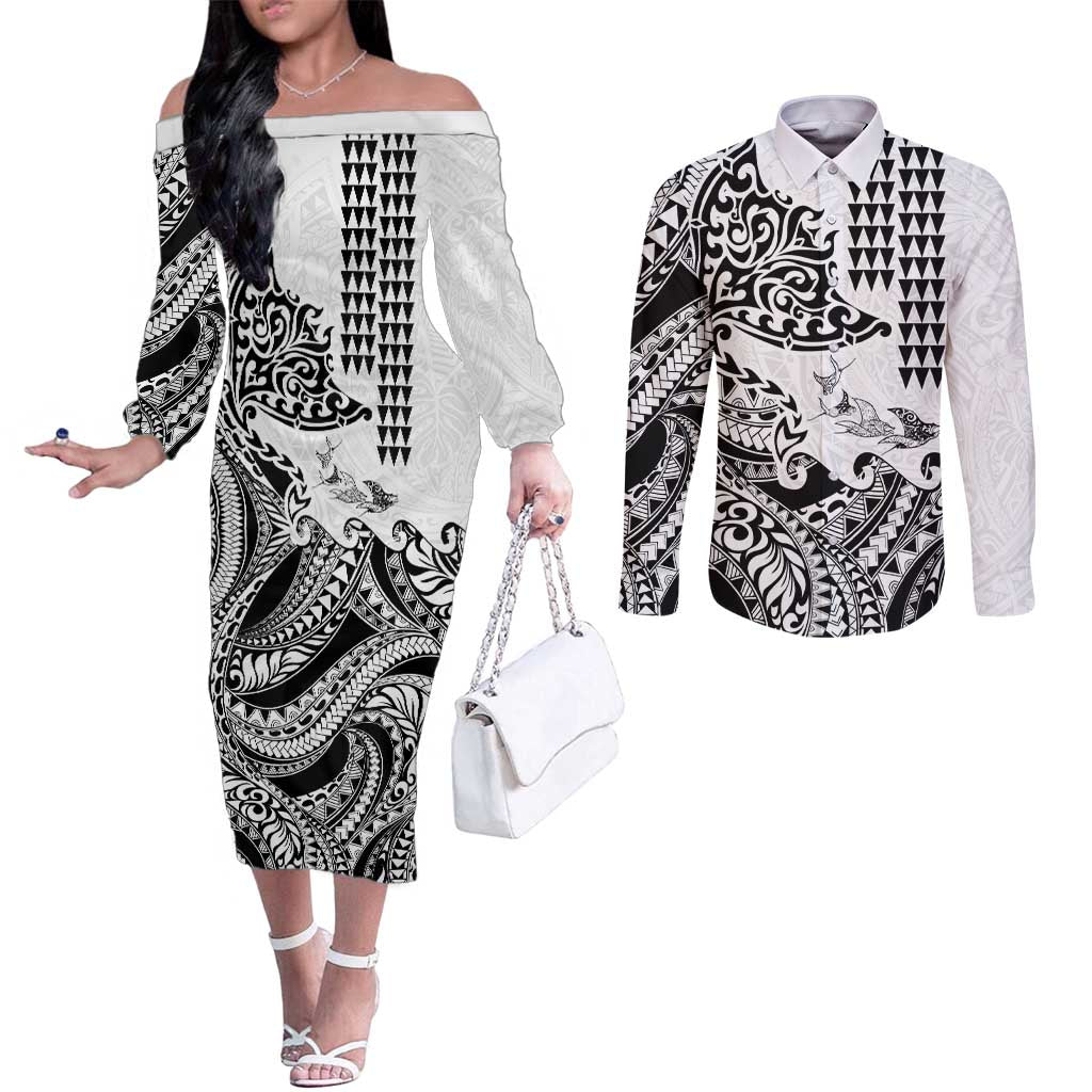 Hawaiian Tribal Manta Ray Couples Matching Off The Shoulder Long Sleeve Dress and Long Sleeve Button Shirt Kakau Tattoo and Polynesian Art Motif Pattern