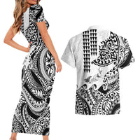 Hawaiian Tribal Manta Ray Couples Matching Short Sleeve Bodycon Dress and Hawaiian Shirt Kakau Tattoo and Polynesian Art Motif Pattern LT03 - Polynesian Pride