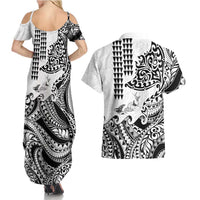 Hawaiian Tribal Manta Ray Couples Matching Summer Maxi Dress and Hawaiian Shirt Kakau Tattoo and Polynesian Art Motif Pattern LT03 - Polynesian Pride