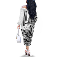Hawaiian Tribal Manta Ray Family Matching Off The Shoulder Long Sleeve Dress and Hawaiian Shirt Kakau Tattoo and Polynesian Art Motif Pattern LT03 - Polynesian Pride