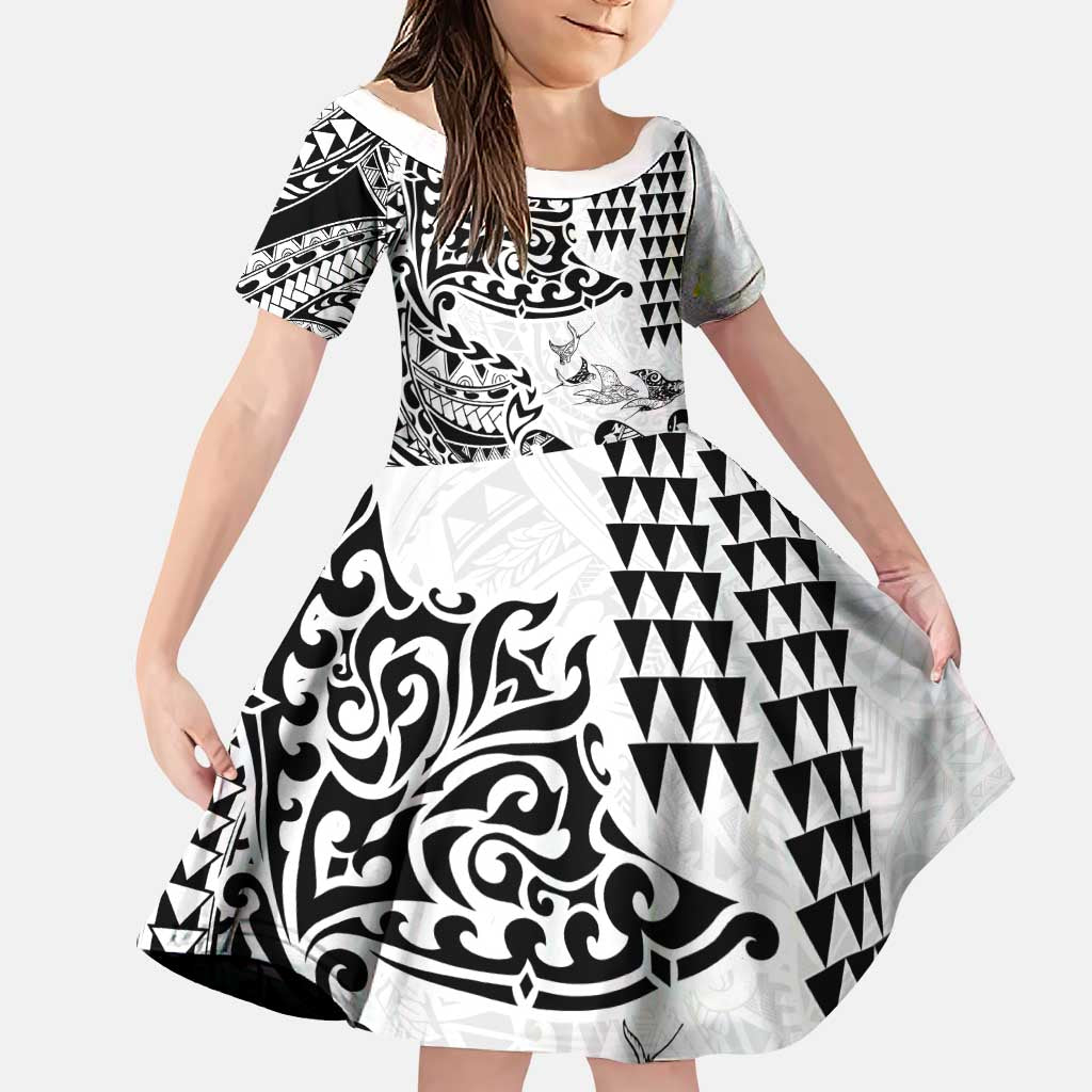 Hawaiian Tribal Manta Ray Family Matching Off Shoulder Short Dress and Hawaiian Shirt Kakau Tattoo and Polynesian Art Motif Pattern LT03 Daughter's Dress Multicolor - Polynesian Pride