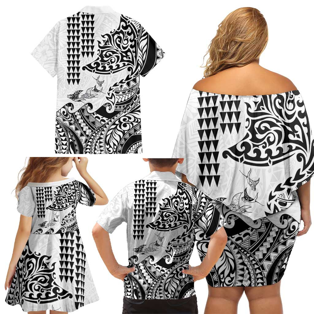 Hawaiian Tribal Manta Ray Family Matching Off Shoulder Short Dress and Hawaiian Shirt Kakau Tattoo and Polynesian Art Motif Pattern LT03 - Polynesian Pride