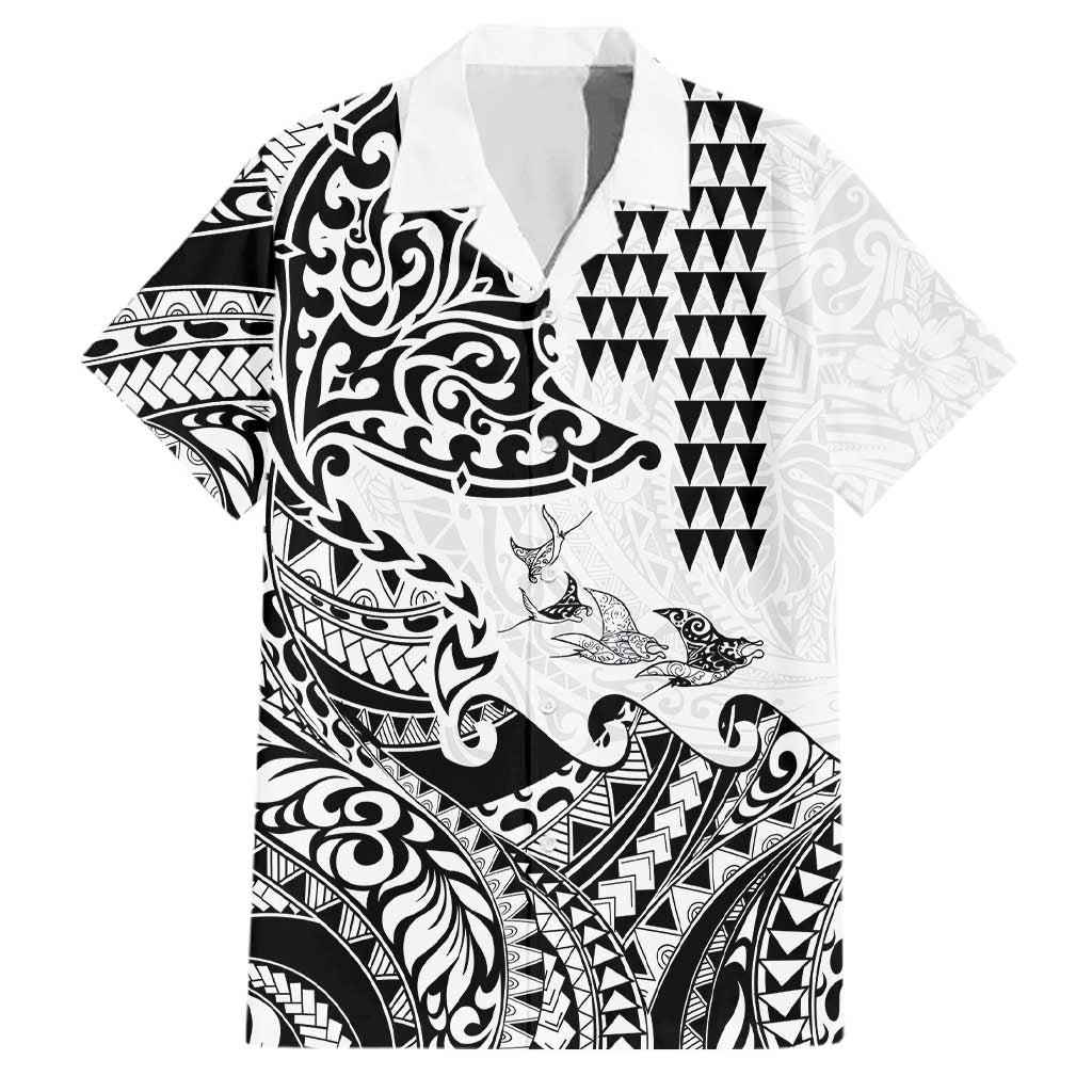Hawaiian Tribal Manta Ray Family Matching Off Shoulder Short Dress and Hawaiian Shirt Kakau Tattoo and Polynesian Art Motif Pattern LT03 Dad's Shirt - Short Sleeve Multicolor - Polynesian Pride