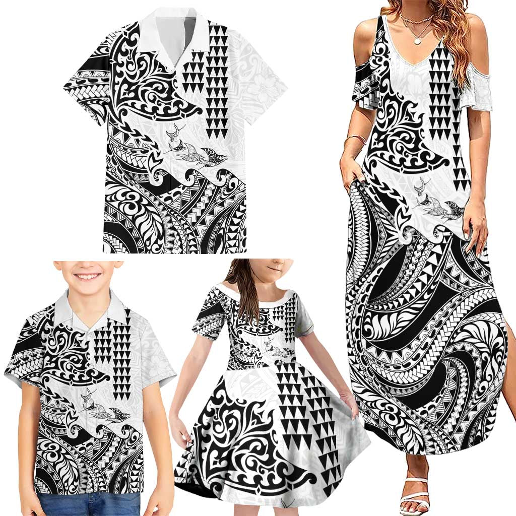 Hawaiian Tribal Manta Ray Family Matching Summer Maxi Dress and Hawaiian Shirt Kakau Tattoo and Polynesian Art Motif Pattern