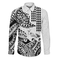 Hawaiian Tribal Manta Ray Family Matching Summer Maxi Dress and Hawaiian Shirt Kakau Tattoo and Polynesian Art Motif Pattern LT03 Dad's Shirt - Long Sleeve Multicolor - Polynesian Pride