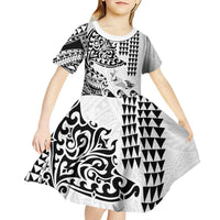 Hawaiian Tribal Manta Ray Kid Short Sleeve Dress Kakau Tattoo and Polynesian Art Motif Pattern