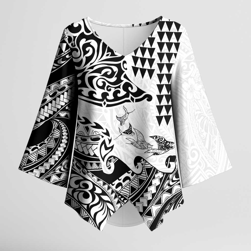 Hawaiian Tribal Manta Ray Kimono Sleeve Blouse Kakau Tattoo and Polynesian Art Motif Pattern