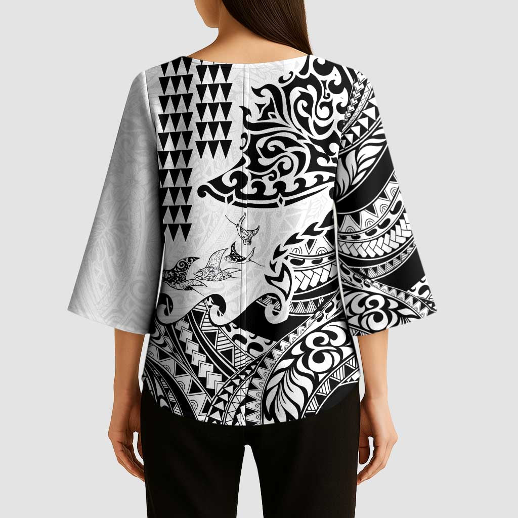 Hawaiian Tribal Manta Ray Kimono Sleeve Blouse Kakau Tattoo and Polynesian Art Motif Pattern