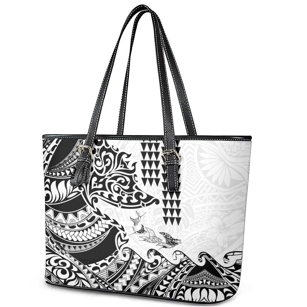 Hawaiian Tribal Manta Ray Leather Tote Bag Kakau Tattoo and Polynesian Art Motif Pattern