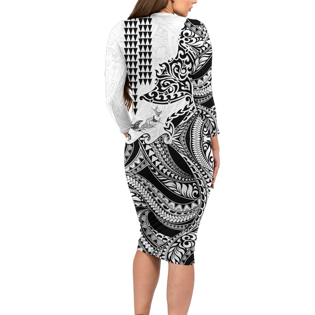 Hawaiian Tribal Manta Ray Long Sleeve Bodycon Dress Kakau Tattoo and Polynesian Art Motif Pattern