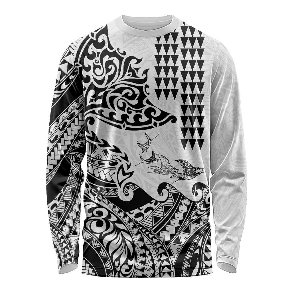 Hawaiian Tribal Manta Ray Long Sleeve Shirt Kakau Tattoo and Polynesian Art Motif Pattern