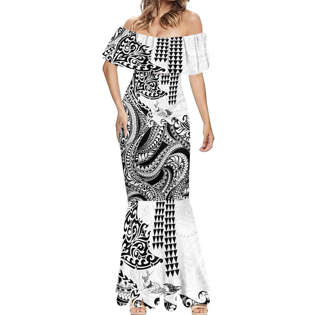 Hawaiian Tribal Manta Ray Mermaid Dress Kakau Tattoo and Polynesian Art Motif Pattern
