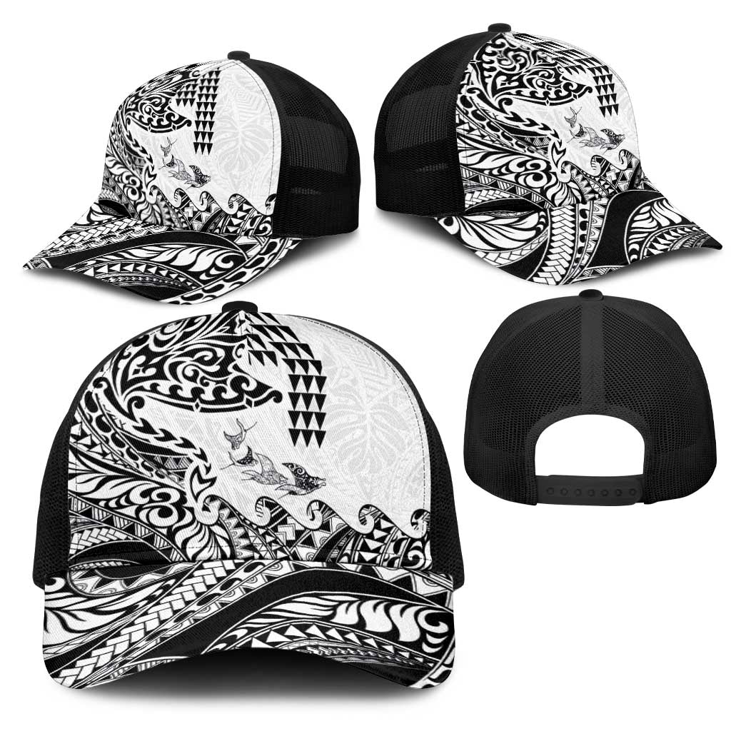 Hawaiian Tribal Manta Ray Mesh Trucker Cap Kakau Tattoo and Polynesian Art Motif Pattern