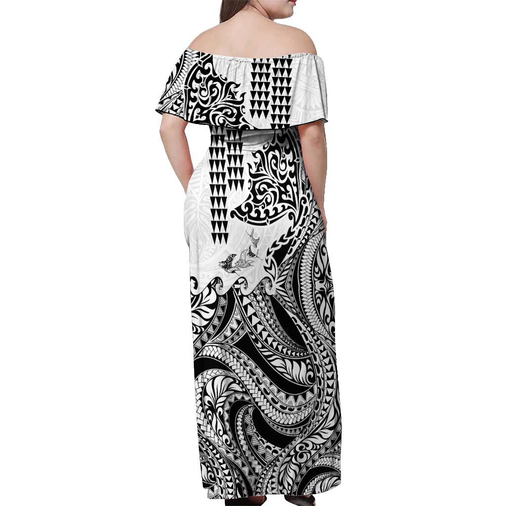Hawaiian Tribal Manta Ray Off Shoulder Maxi Dress Kakau Tattoo and Polynesian Art Motif Pattern