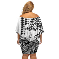 Hawaiian Tribal Manta Ray Off Shoulder Short Dress Kakau Tattoo and Polynesian Art Motif Pattern